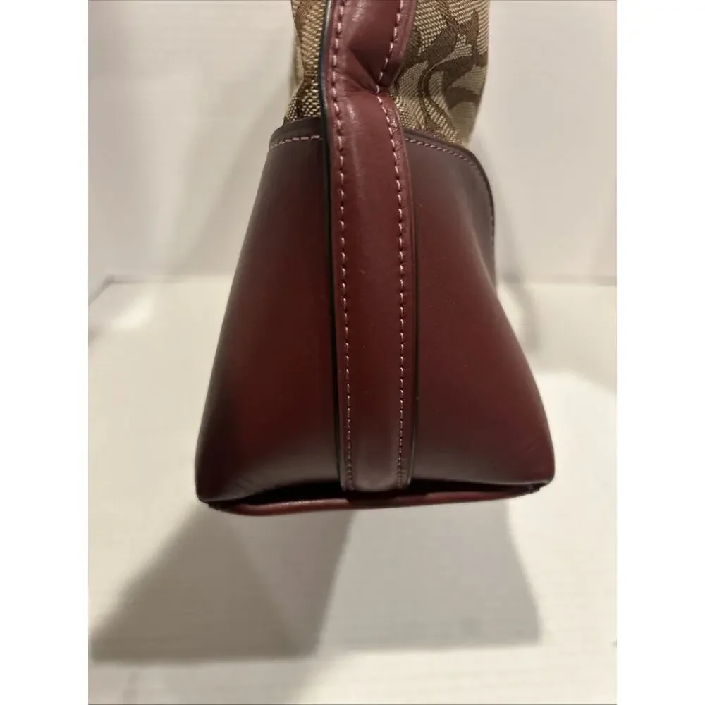 Coach F34824 Ivie Burgundy Leather Trim Beige Signature Hobo Purse Hand Bag